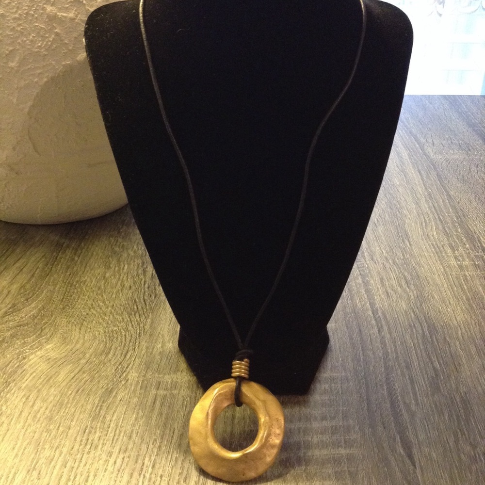 💙Gold ring charm necklace black leather necklace​